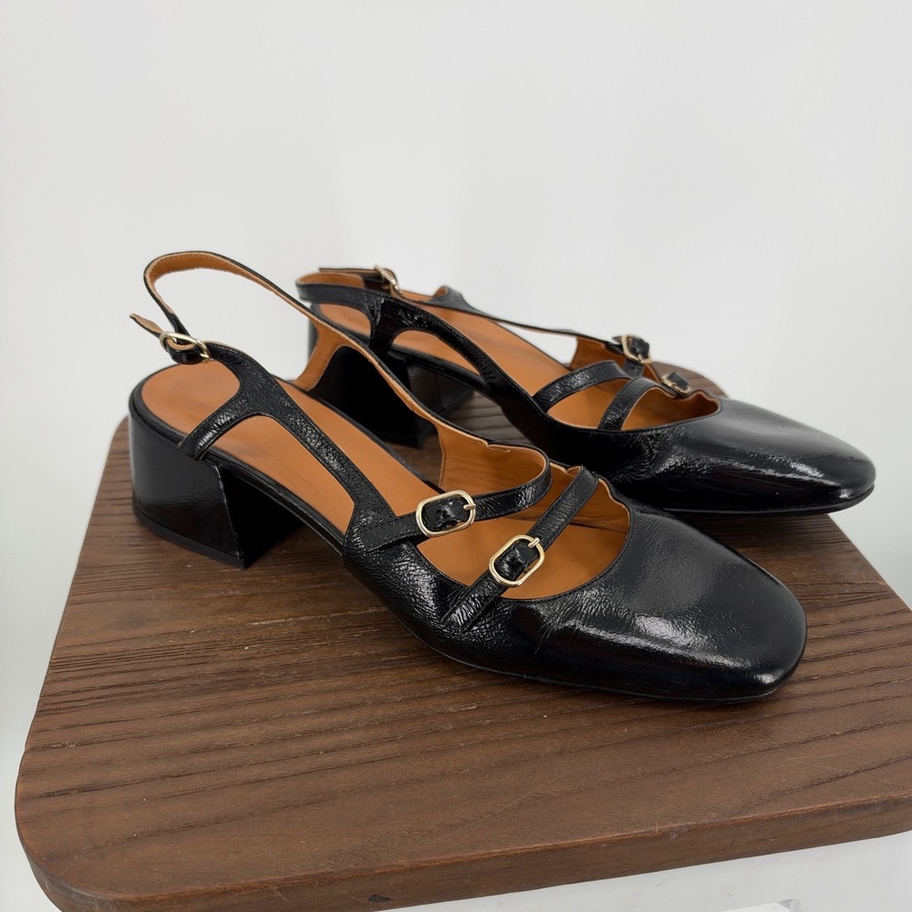 Sezane Paula Babies Black Patent Leather Triple Strap Block Heel Pumps 41 US 10